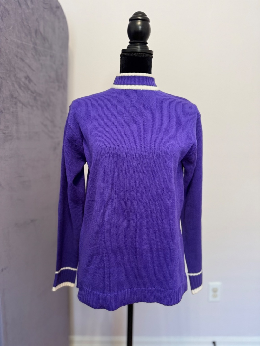Vintage 70s Purple & White Striped Mock Neck Sweater Back Zip